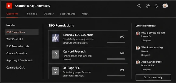The Kastriot Tanaj Community on Skool: a classroom of SEO, WordPress and automation modules beside the latest member discussions.
